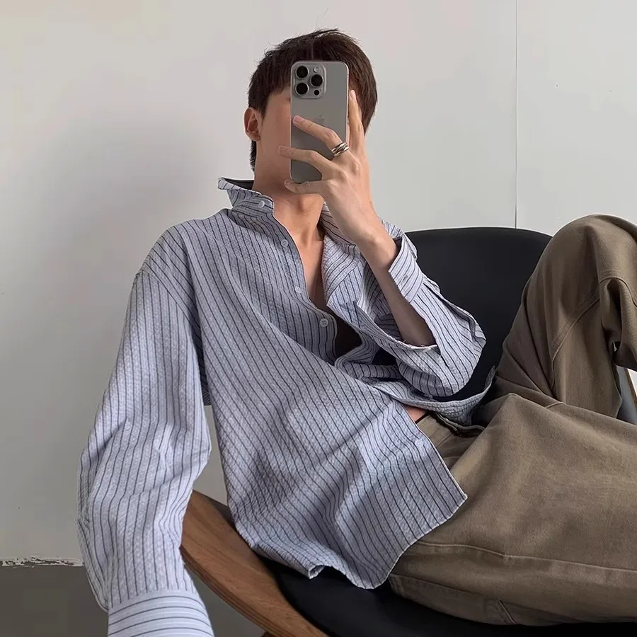Blue Striped Casual Shirt Men's Long Sleeve Spring New Loose Lazy Style Tie Shirt Hong Kong Style Top Youth Fashion Polyester
