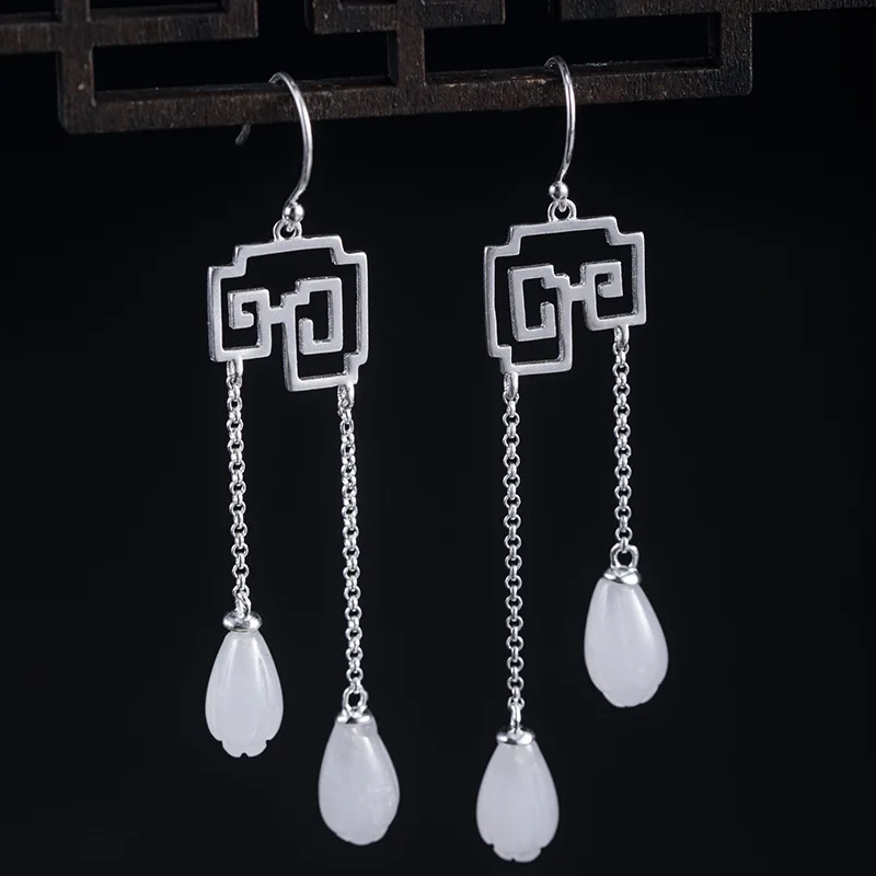

Court Long White Jade Ear Hooks, Retro White Magnolia Flower Earrings S925 Silver Jewelry, Exquisite Daily Wear And Clothing