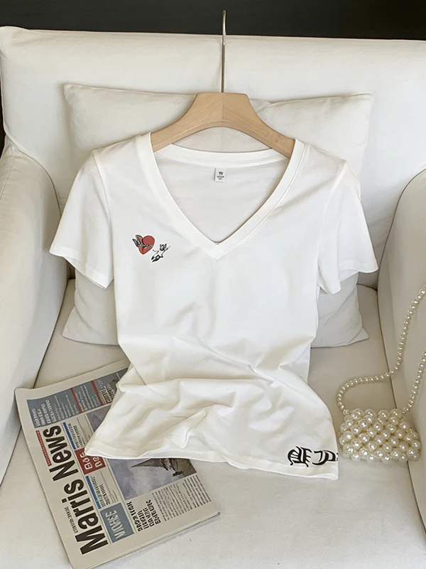 

plus Size Summer New Young Fat MM Design Sense Small Print V-Neck Short Sleeve T-Shirt Shoulder Appropriate Slimming Top