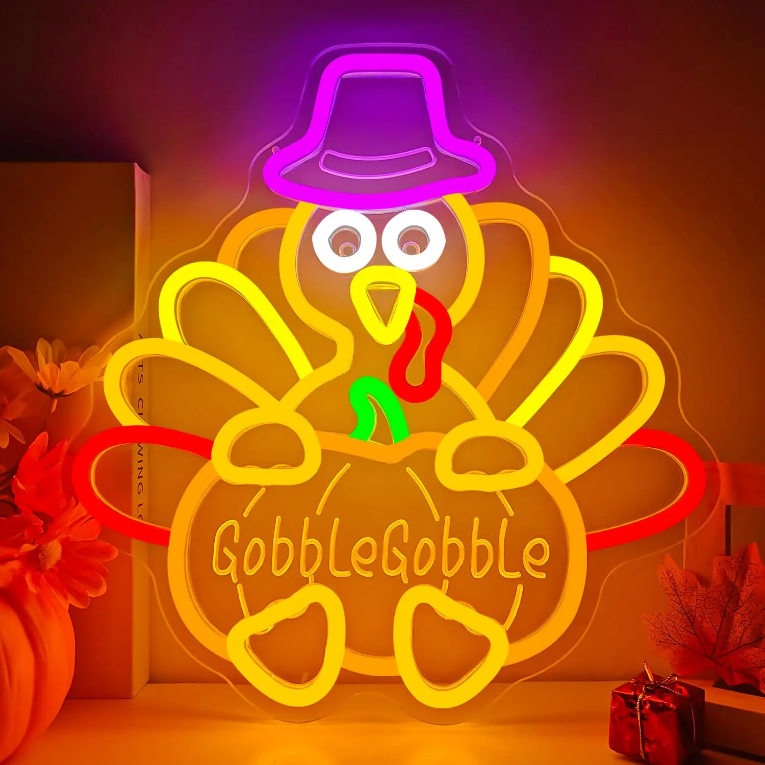 

Светодиодная неоновая вывеска с индейкой Gobble Gobble для декора стен, светящаяся подсветка на День Благодарения с регулируемой яркостью для окон, украшение для вечеринки