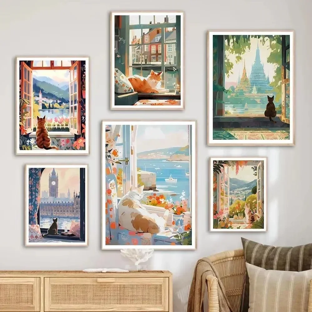 Charming Cat Landscape Wall Art Prints Canvas Paintings of Florence Mount Fuji Paris Greece Travel Posters for Living Room