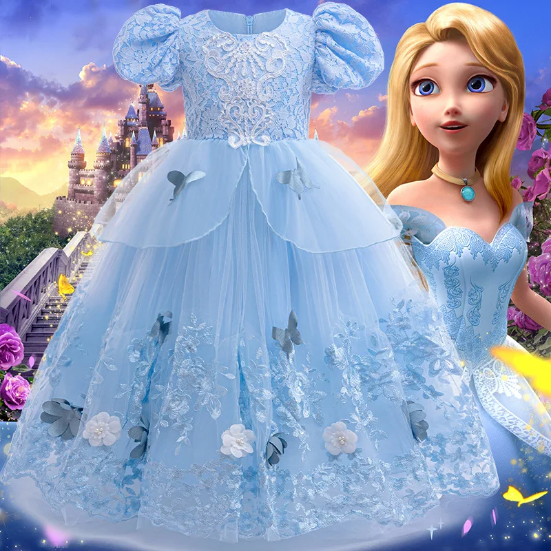 

2025 Disney New Cinderella Girl Cosplay Dress Lace Blue Princess Dress Girl Carnival Halloween Birthday Party Dress+Accessories