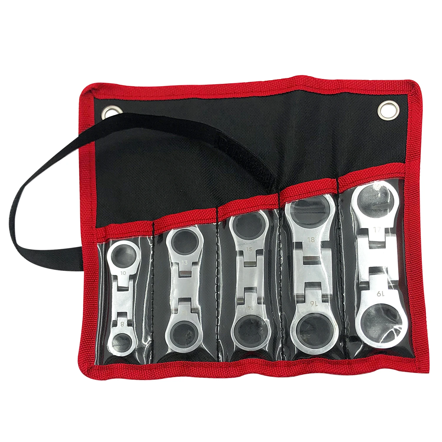 5-Piece stubby Flex-Head ratcheting wrench set metric combination  72-Teeth, with Rolling Pouch 8m10m12m13m14m15m16m17m18m19m