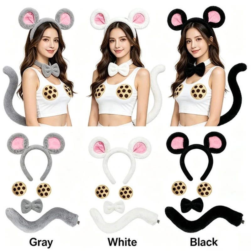 Plush Mouse Costume Set with Ears Ear Band Tail and Neck Tie for Photos