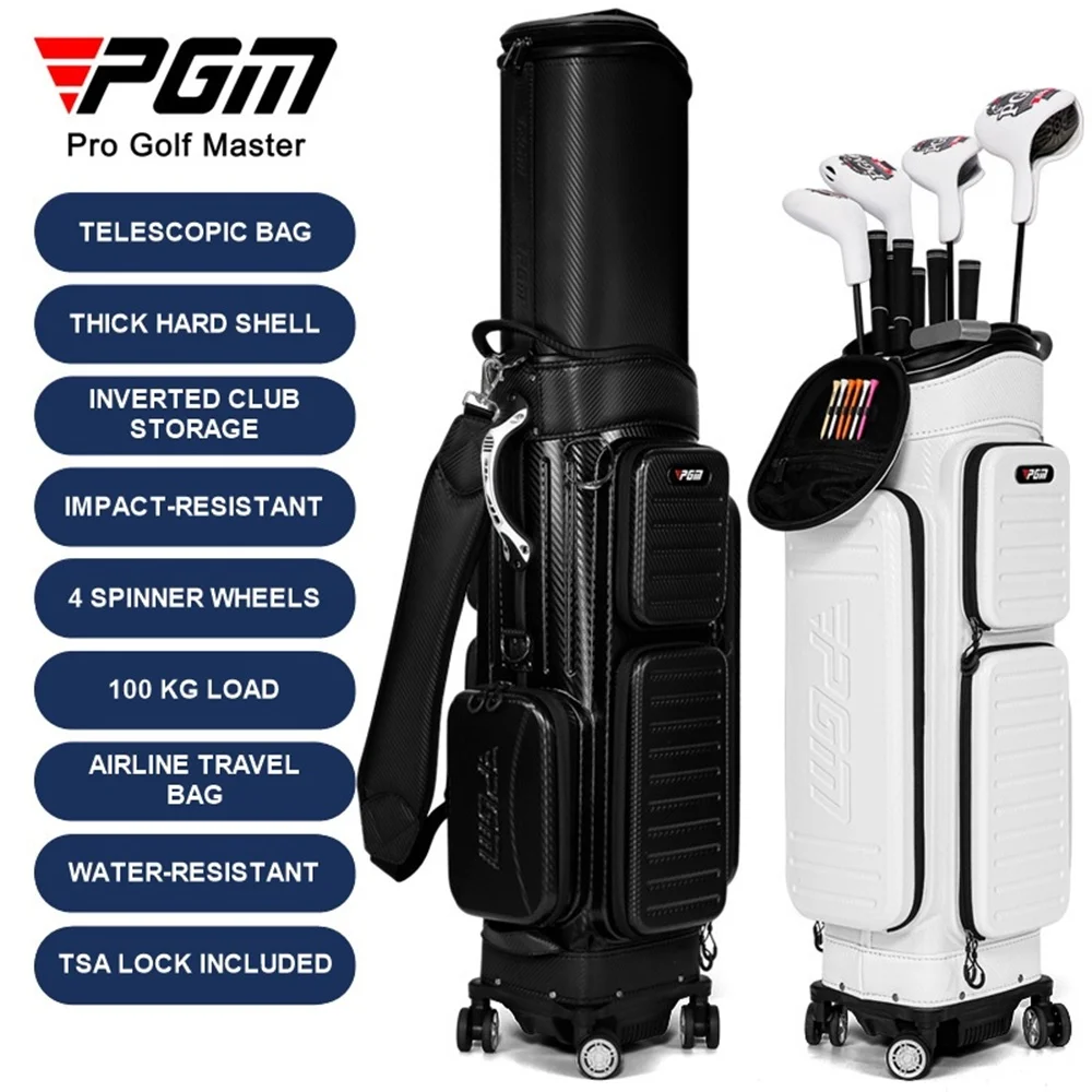 PGM QB142 Hard Shell Golf Travel Bag with TSA Lock 4 Spinner Wheels Telescopic Club Case for Airline Checked Luggage