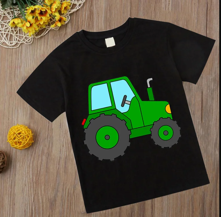 子供の夏のショベルTシャツ、火のエンジン、赤ちゃんの服、コスチューム、機関車、漫画の車のTシャツ、トップス、子供