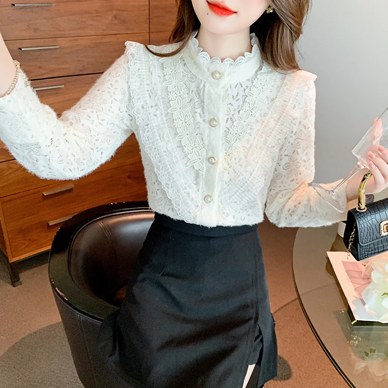 Fashion Ruffles Stand Collar Apricot Lace Blouse Shirt Women Tops Shirts Blusas Mujer De Moda 2024 Long Sleeve Blouse Women H25