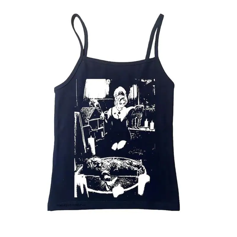 Women Gothic Horror Movie Print Cami Tank Top, Alt Subculture Sleeveless Spaghetti Strap Sexy Slim Camisole For Summer Inner