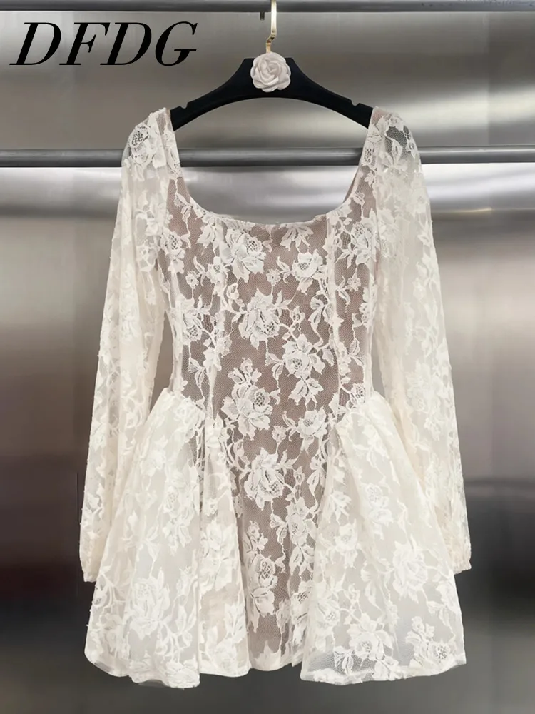 DFDG femmes 2025 élégant concepteur col carré dentelle broderie découpé a-ligne robe printemps été mode fête robe de plage