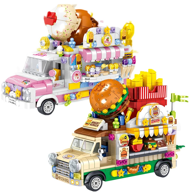 Technical Mini Ice Cream Food Truck Hamburg Car Building Blocks Street View Model Camping Vehicle Assemble Bricks Toys Kids Gift