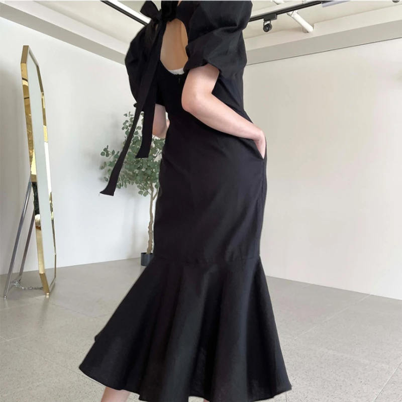 فستان كوري أنيق صيفي برقبة مربعة أنيق بتصميم ربط خلفي فستان حورية البحر للنساء لون نقي فستان ميدي عتيق