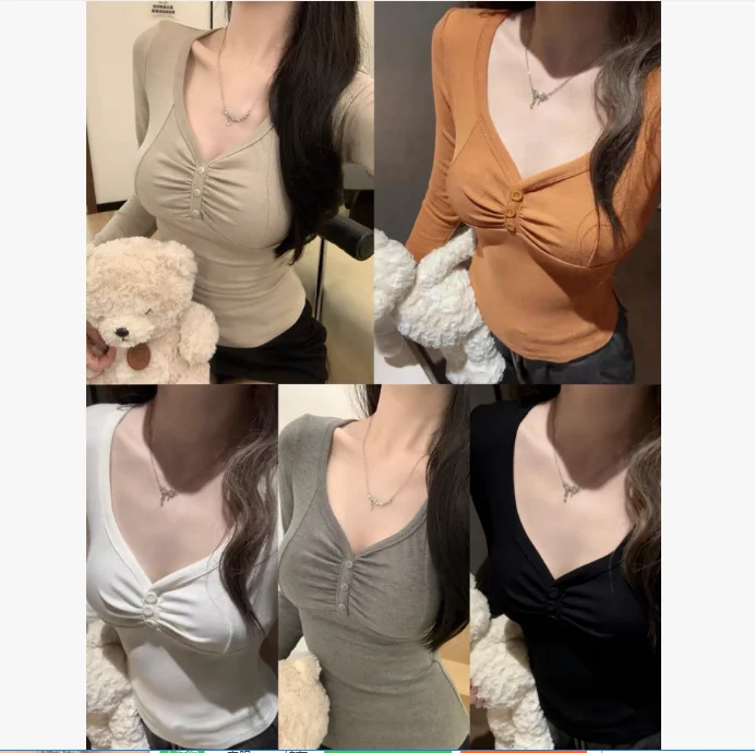 Slim Fit Long Sleeve V-Neck T-Shirt Women's Fixed Top Button Splice Flocking New Style Early Autumn Pure Desire Chest Pad
