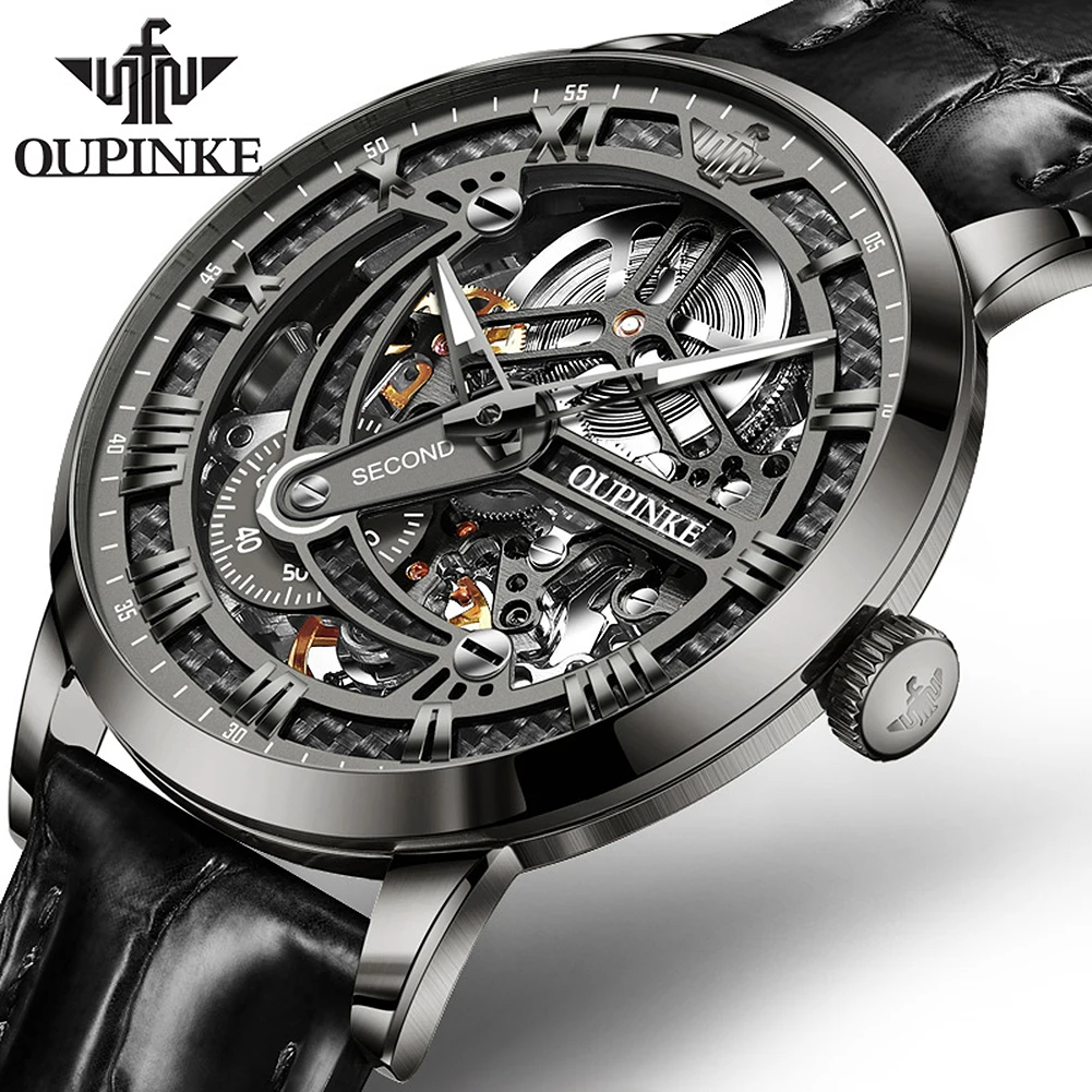 

OUPINKE Luxury Automatic Mechanical Watch for Men Sapphire Mirror Skeleton Hollow Design Leather Top Brand Waterproof Wristwatch