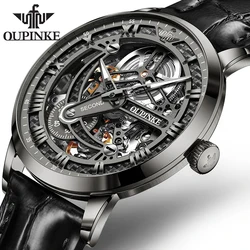 OUPINKE Luxury Automatic Mechanical Watch for Men Sapphire Mirror Skeleton Hollow Design Leather Top Brand Waterproof Wristwatch