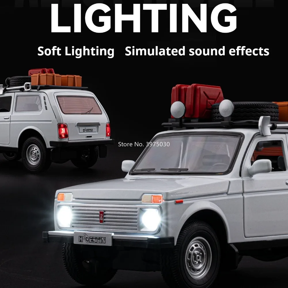 Jouets de voitures en alliage Lada NiVa, échelle 1:24, modèles de moulage sous pression avec son léger, véhicules miniatures rétractables pour articles de collection