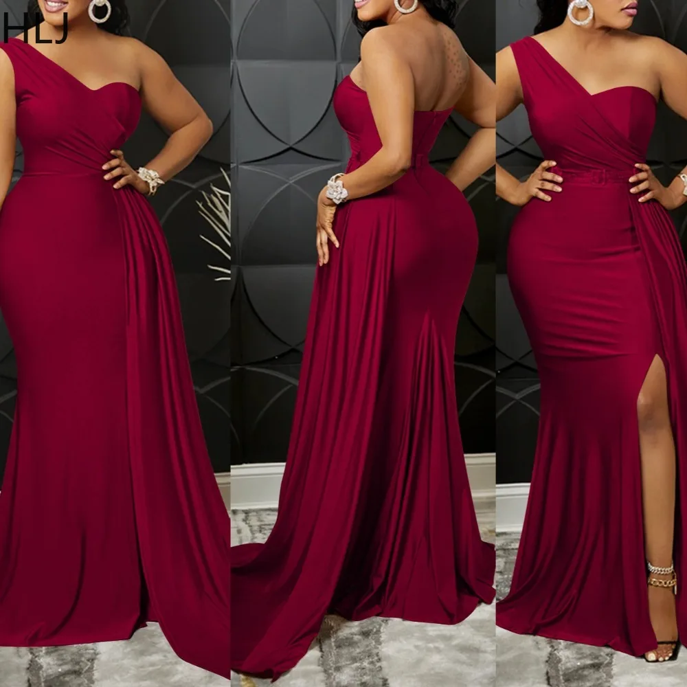 

HLJ Elegant High Slit Bodycon Long Dresses Women Solid Color One Shoulder Backless Dress Female Birthday Clubwear Vestidos New