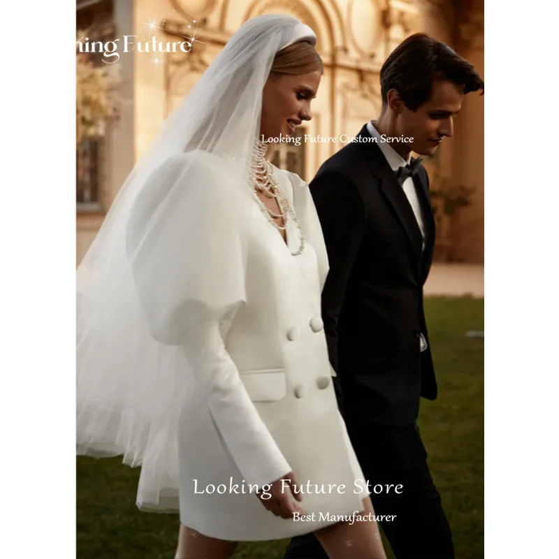 Aangepaste Eenvoudige Satijnen Schede Mini Trouwjurken Lange Bladerdeeg Mouw Sexy V-hals Plooi Knop Jurken Voor Bruid Ivoor Korte Jurk