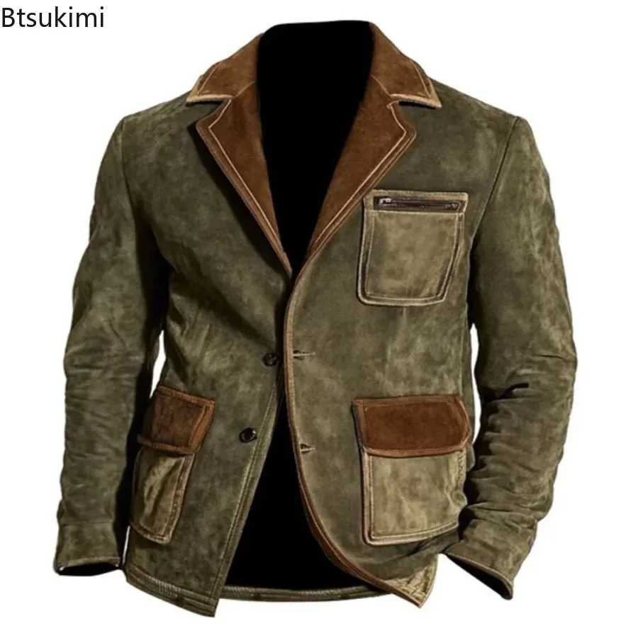 

2026 Men's Multi Pockets Lapel Jackets Vintage Suede Leather Patchwork Design Men Outdoor Casual Coats Autumn Winter Men Jackets