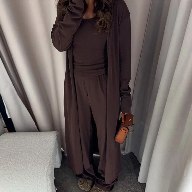 

2025 summer new casual three piece set solid color versatile long jacket vest wide leg fashionable Comfortable design pants set