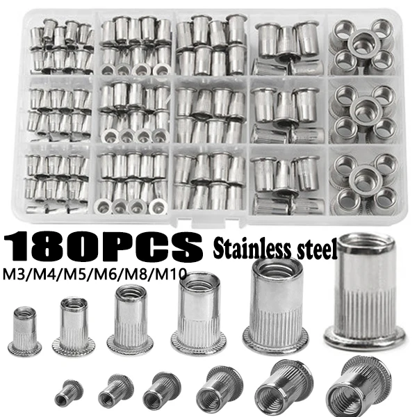 

180/160/150/100/93PCS Stainless steel Rivet Nut M3 M4 M5 M6 M8 M10 Insert Reveting Multi Size Flat Head Rivet Nut Rivnut Set