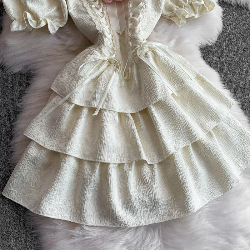 Elegant Gentle Square Neck Bubble Sleeve Dress Women's Straps Waist Cinched and Slim Princess Lolita Cake Skirt