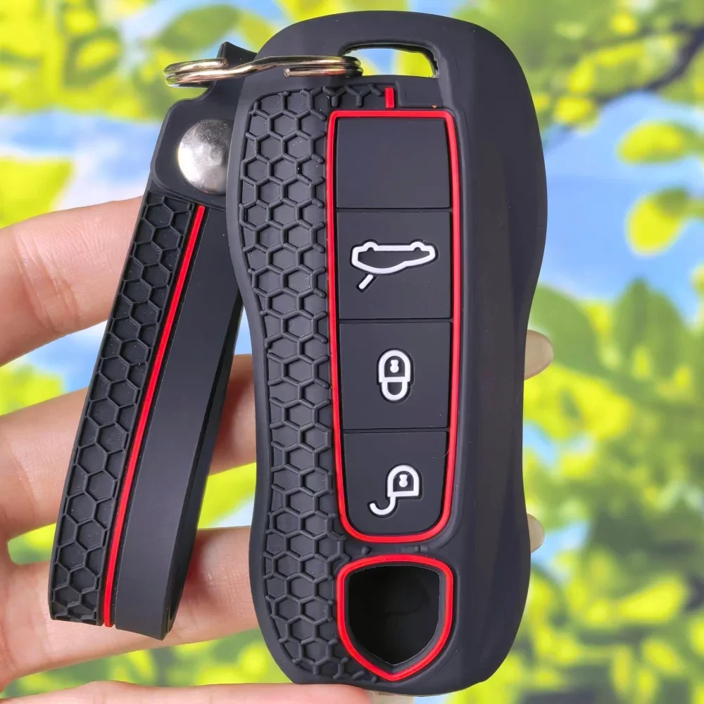 Anti‑Scratch Non‑Slip 3‑Button Key Sleeve With Keychain Chain For Porsche Panamera Cayenne 971 911 9YA Macan Boxster