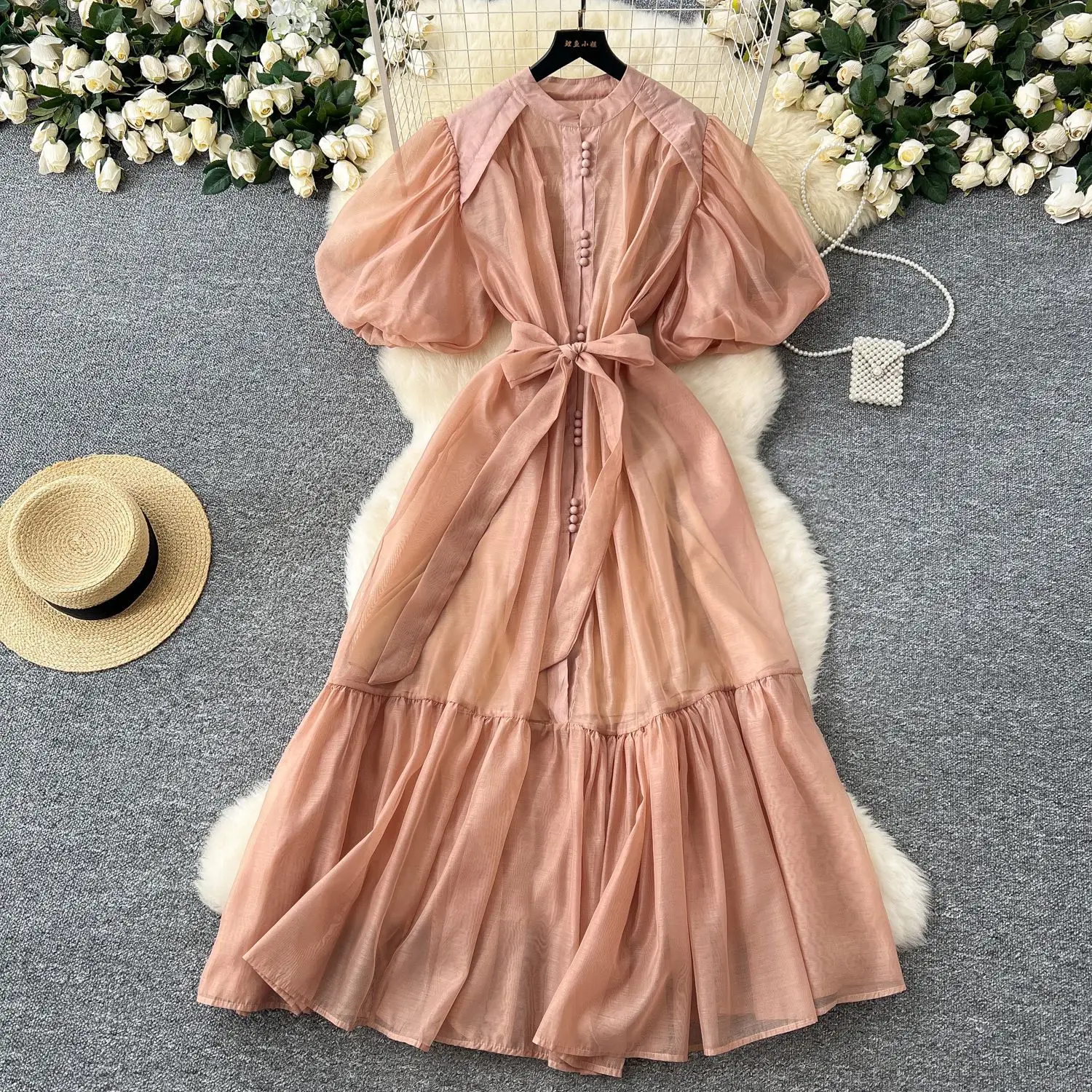 Women Two Piece Sets Dress Set V Neck Sleeveless Sling Dresses A Line High Waist Turn Down Collar Puff Sleeve Long Y2k Vestidos