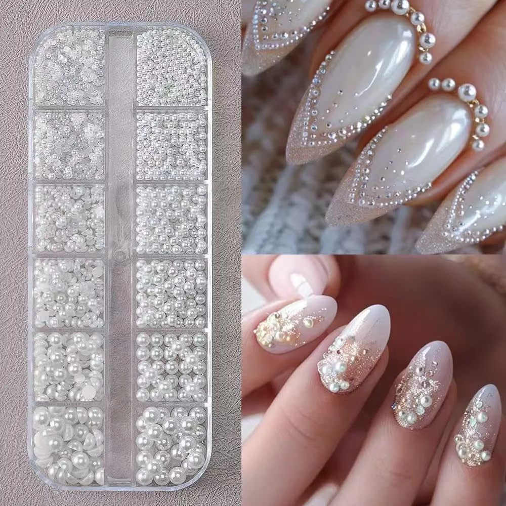 2 boîtes de strass colorés 3D pour Nail Art, demi-cercle/perles rondes, breloques pour ongles avec 1 stylo à empicoler et pince à dos plat, accessoire pour ongles