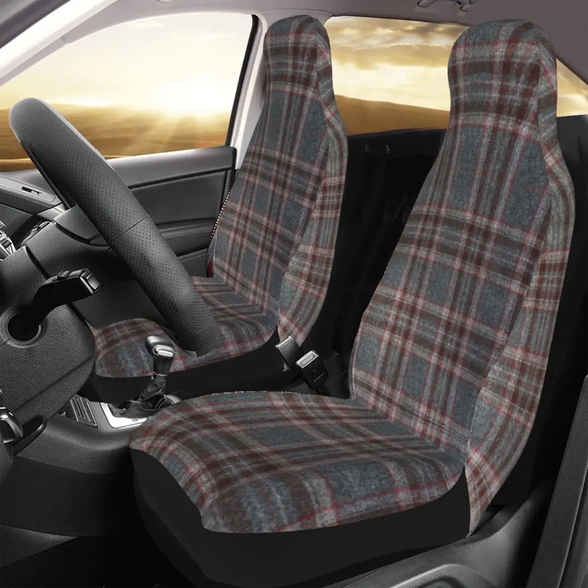 Grey Tartan Car Seat Cover Plaid Gingham Scottish Tartans Kilt Seat Covers Fit for Cars SUV Auto Protector Accessories 2 PCS