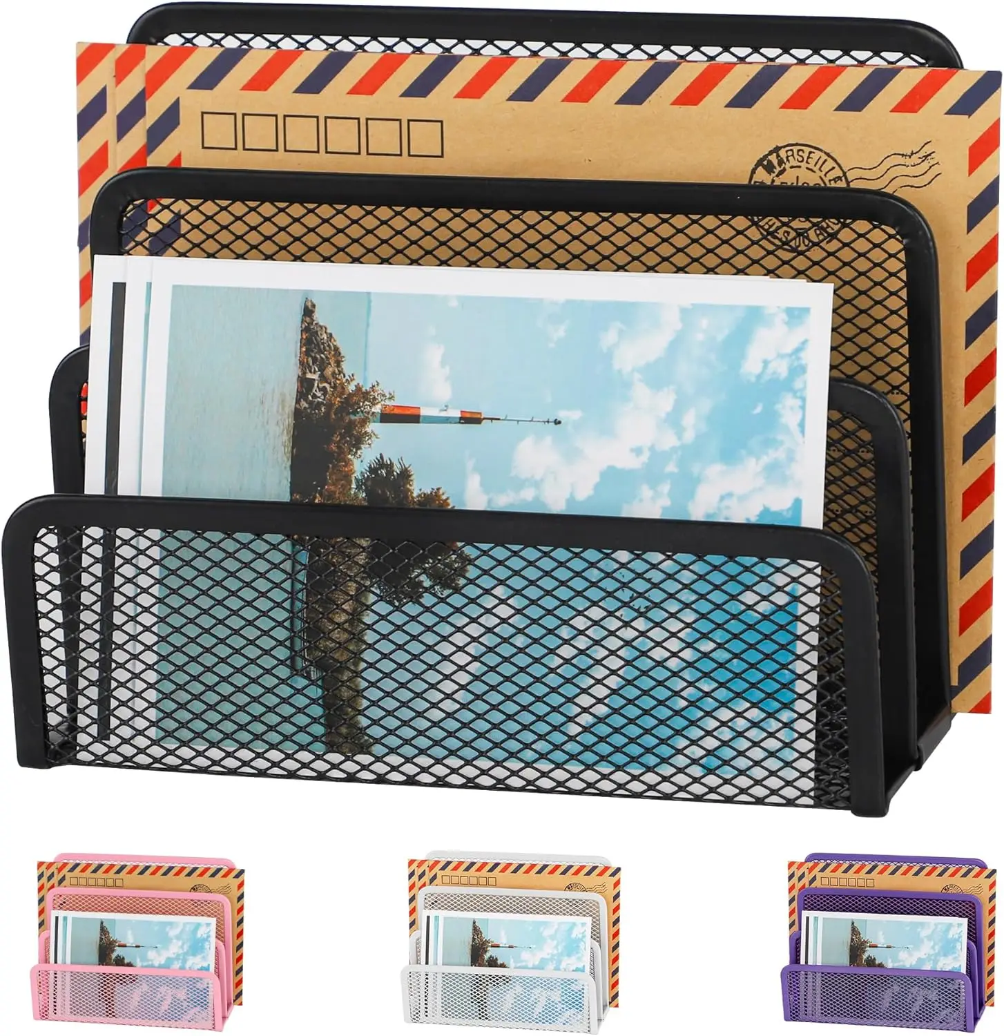 

Desktop Mail Organizer, 3-Compartment Mesh Paper Sorter for Office, Black
