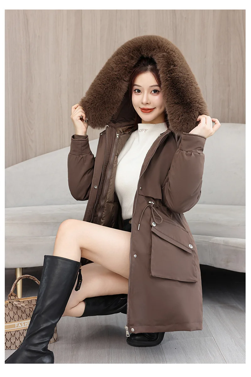 2026 New Winter Coat Down Padded Jacket Women Parkas Fur Collar Thick Hooded Cotton Coats Black Casual Outerwear Female Clothes