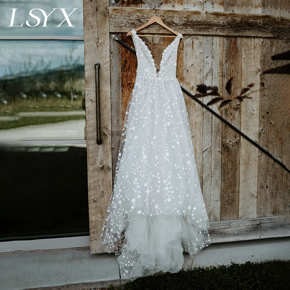 LSYX-Robe de mariée scintillante à col en V profond, étoiles scintillantes, fibre, fente haute, dos nu, ligne A, dentelle scintillante, tulle, patients, quoi que ce soit