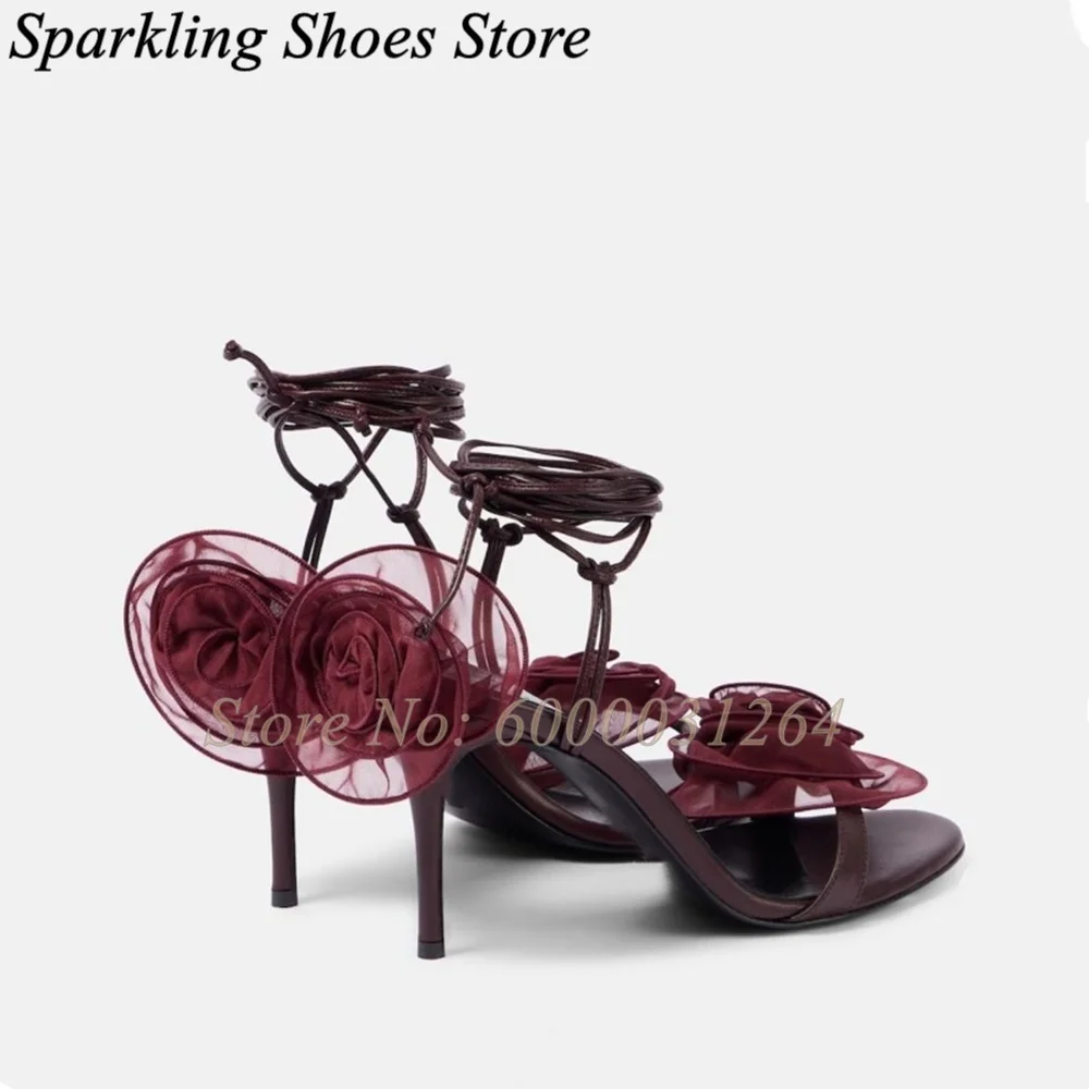 

Lady Sexy Red Heels Flower Decor Lace Up Heeled Sandals Burgundy Blossom Stiletto Women Luxury Designer Modern Shoes 2026 New