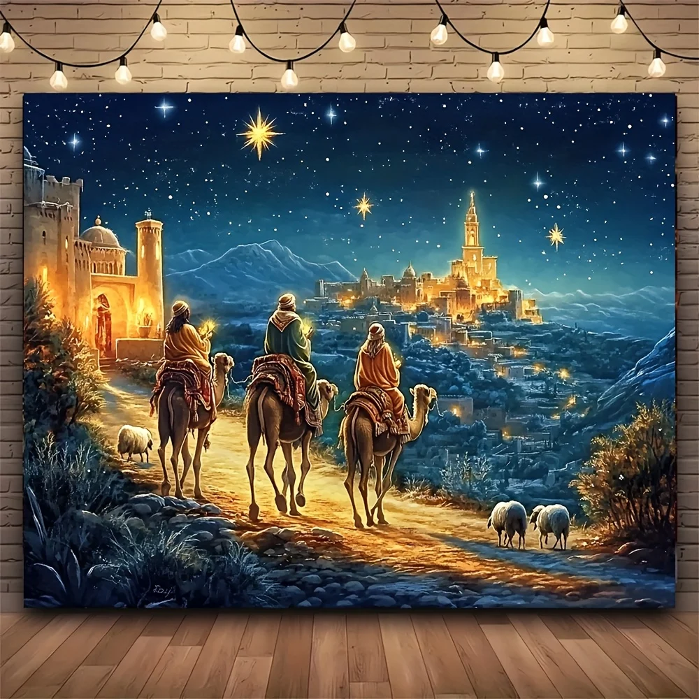 2D Flat 1pc Merry Christmas Polyester Backdrop Camel And Sheep Nativity Scene Large Wall Decor For Living Room And Outdoor Ideal