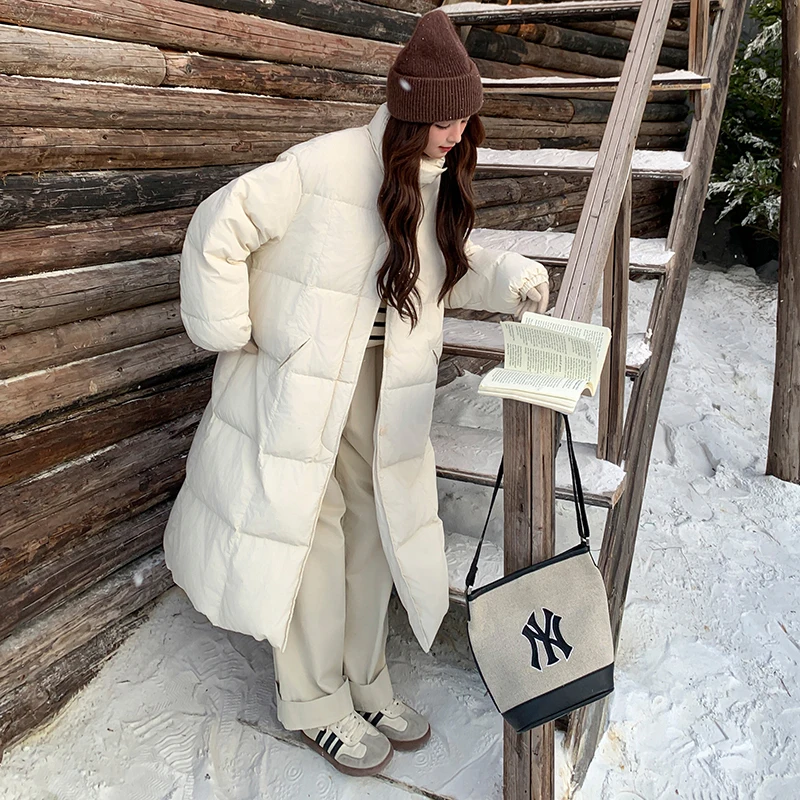 UMI MAO Winter Jacket Femme Stand Up Collar Wooden Buckle Long Warm Thick 90% White Duck Down Jacket For Women