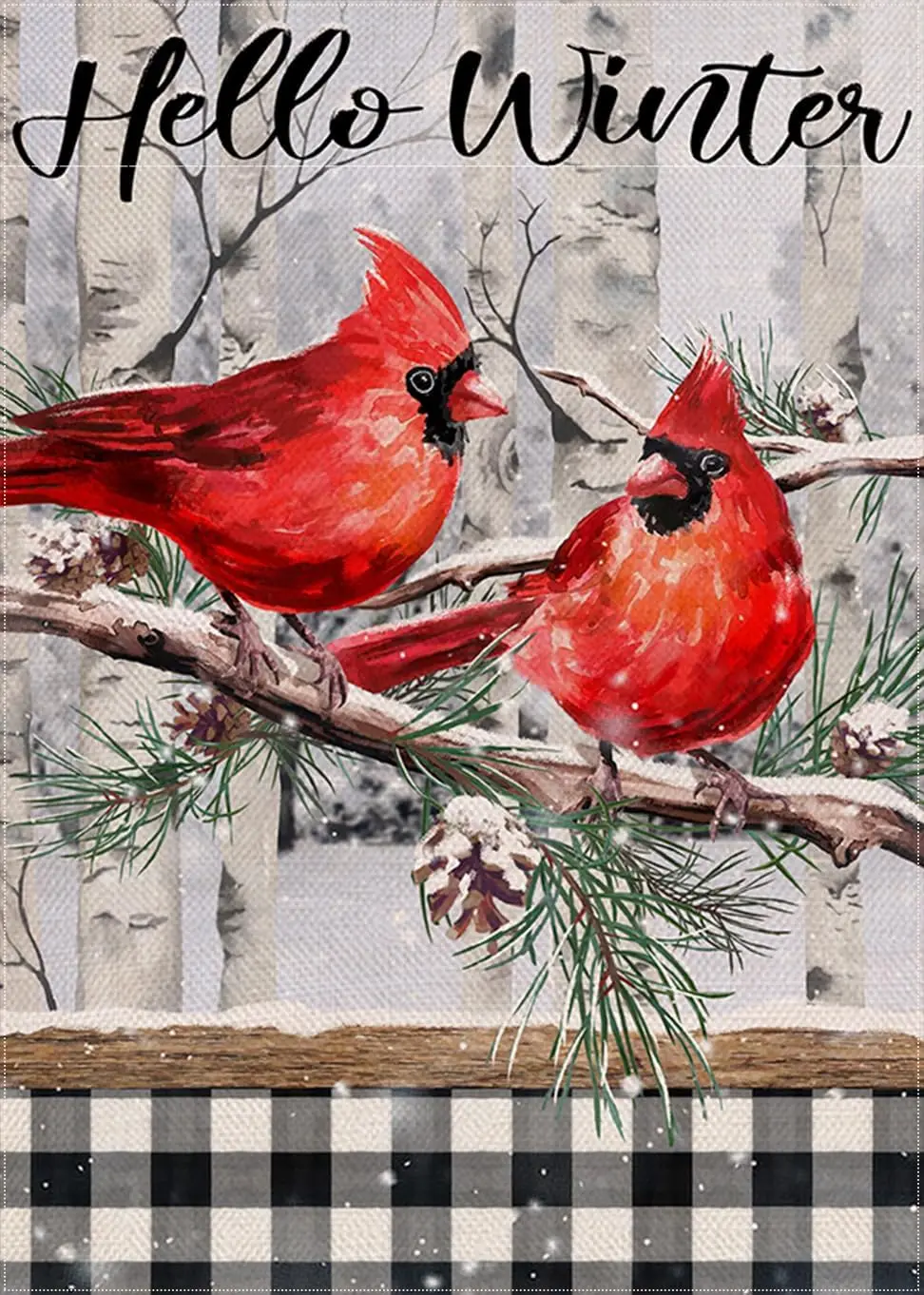 Home Decorative Hello Winter Cardinal Garden Flag Black White Buffalo Plaid Check House Yard Red Bird Tree Branch Snow Pinec yyi