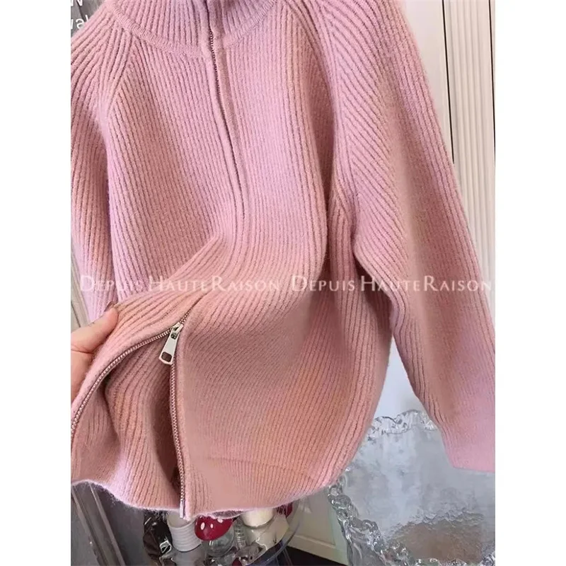 2025年秋冬 ダブルジッパー ヴィンテージ フリップカラー レディース ニット カーディガン セーター ジャケット 学生 韓国風 レディース トップス