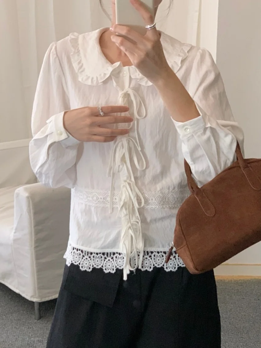 

Alien Kitty Повседневные осенние женские рубашки Элегантный воротник Питера Пэна 2025 OL Кружева Новые тонкие рукава с длинным рукавом Милые девушки Повседневные Mujer Blusas