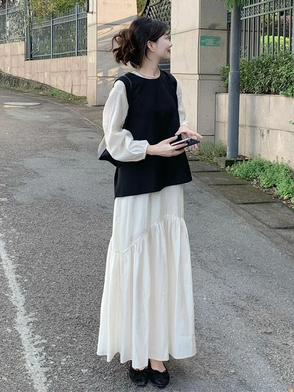 

Женский комплект из двух предметов: элегантный жилет и свободная повседневная блузка в корейском стиле, черный, с эффектом похудения, удобный, свободного кроя.