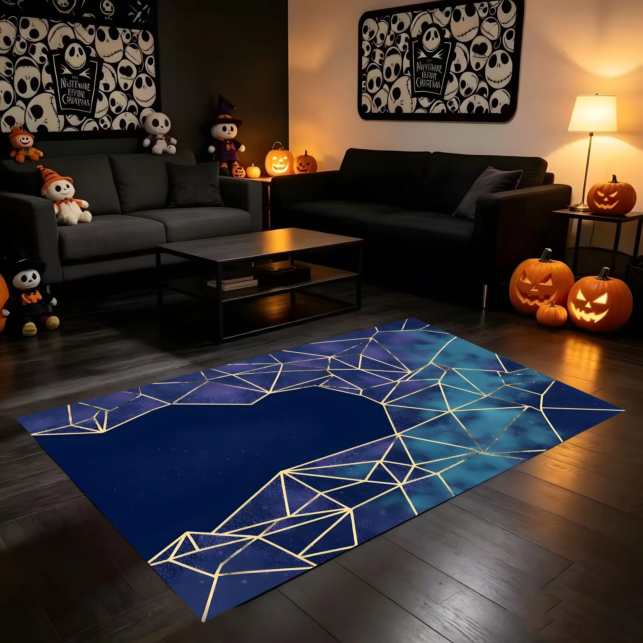 Velvet Rug Blue Purple Gold Geometric Line Modern Luxury Style for Living Room Bedroom Coffee Table Decor