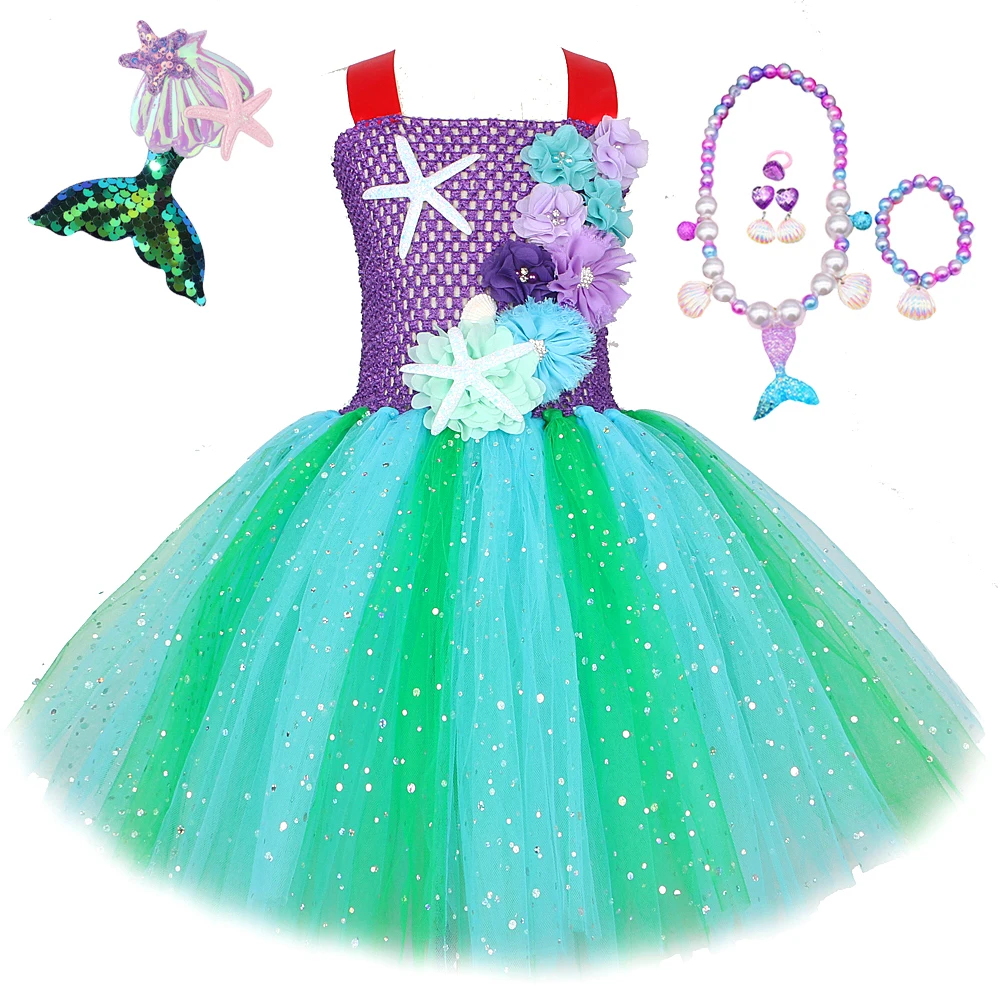 Sparkly Flowers Mermaid Dresses for Girls Birthday Party Costumes Kids Halloween Christmas Outfit Princess Seamaid Ballet Tutus