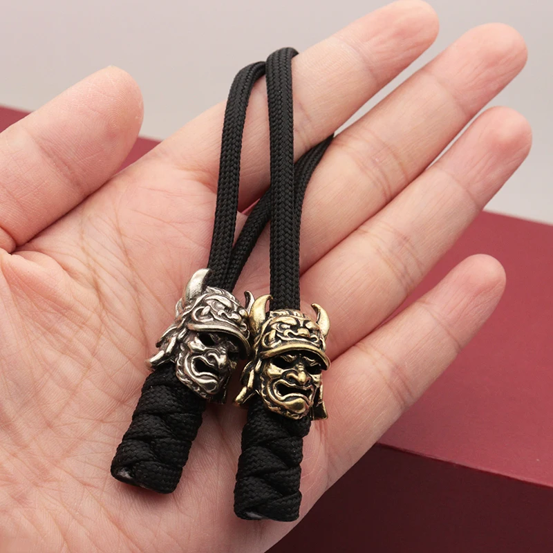 Japanese Eagle Nose Samurai Helmet Brass Knife Bead Woven Paracord Keychain Lanyard Pendant Outdoor EDC DIY Hangings Accessories