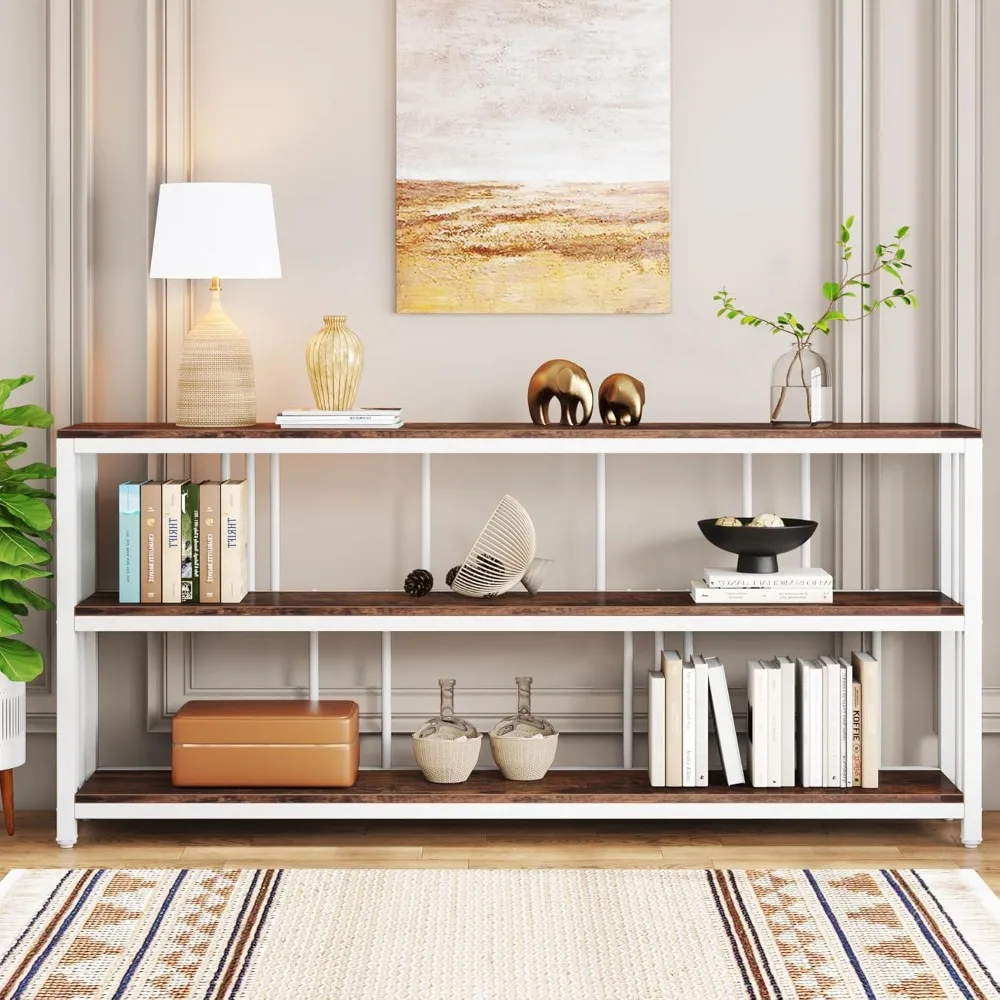 

71" Industrial Console Table, 3 Tiers Sofa Table, Narrow Long Sofa Table with Storage Shelves, Big Rustic Entryway Ta
