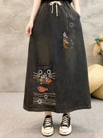 Amax luluE 2024 Cartoon Embroidery Spring Females Denim Skirts Fashion Vintage Vestidos Casual Classic Elastic Ladies Streetwear - Image 4