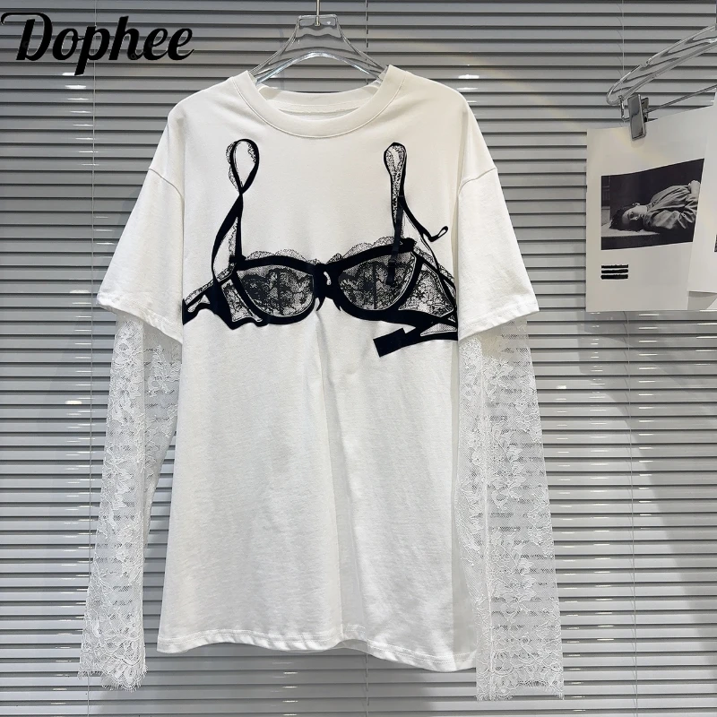 

Dophee 2024 New Summer Sunscreen Women Long Sleeve T-shirt Lace Bra Printing O-neck Pullover Top All-match Casual Cotton Tees