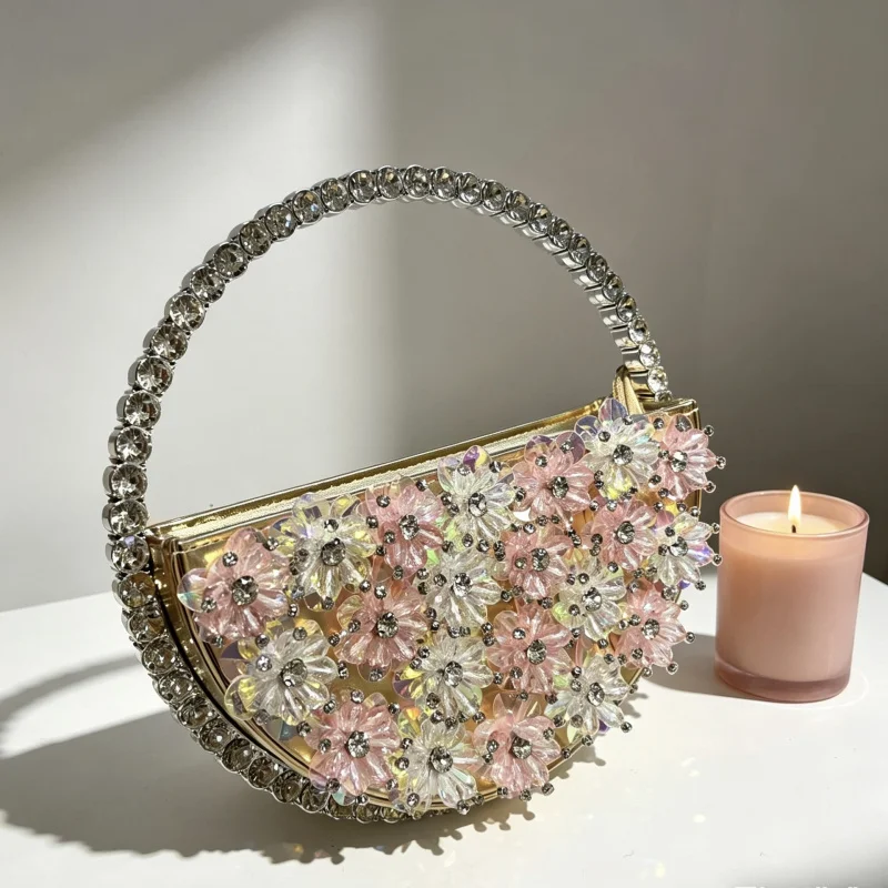 Trendy round-shaped handbag with full diamond embellishment, handmade evening clutch with diamond floral design