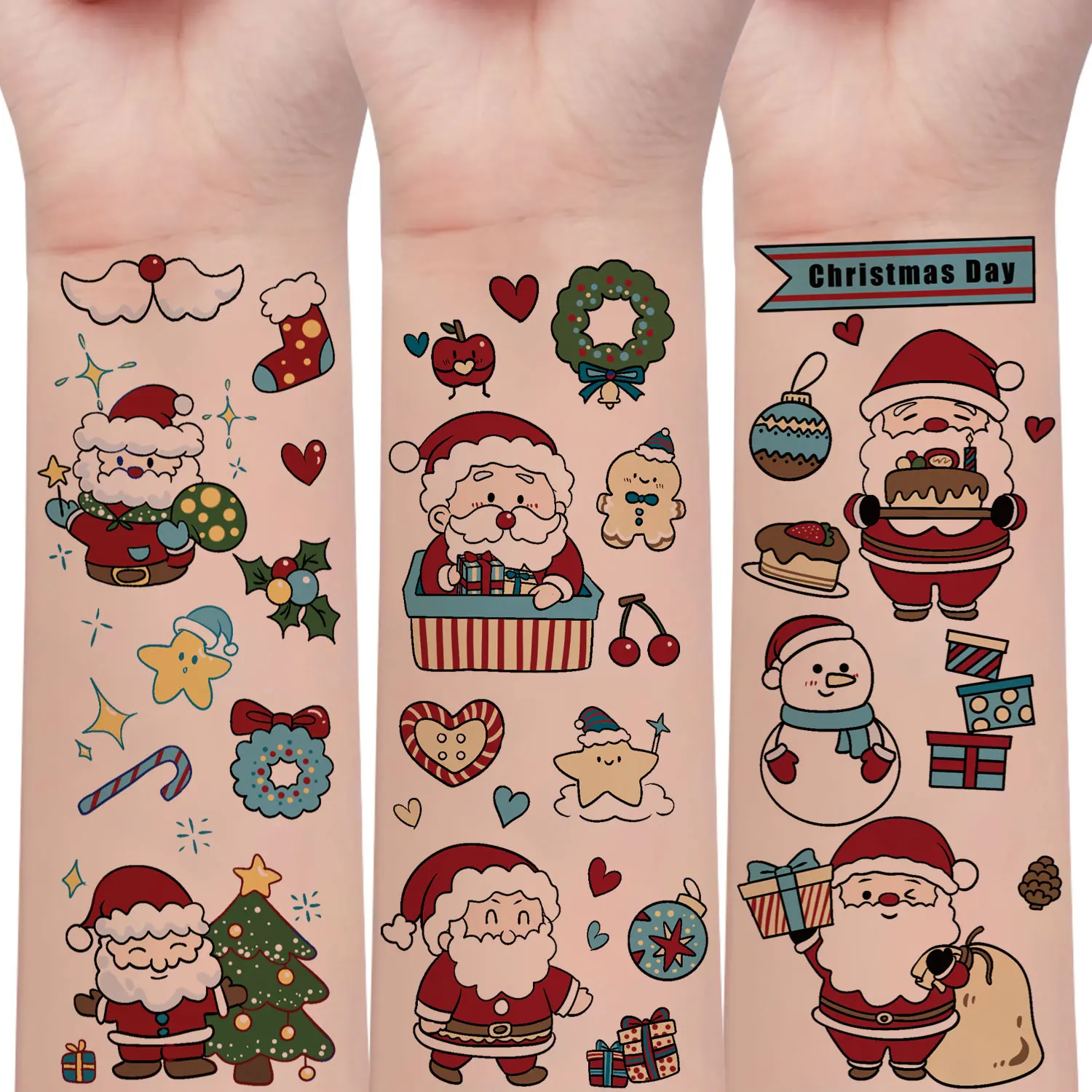

10 рождественских тату-наклеек, 150 милых мультяшных Санта-Клаусов, рождественской елки, рождественских чулок, снеговиков, снежинок, рождественских декоративных элементов, временная татуировка, водонепроницаемая и долговечная реалистичная поддельная тату-