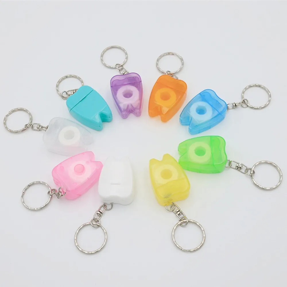 50/100pc 15m Portable Tooth Shaped Dental Floss Keychain Mini Travel Teeth Floss Box Key Ring Oral Care Cleaning Floss Dispenser