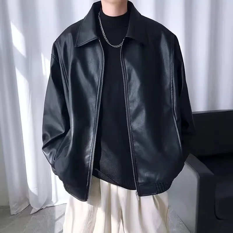 

Men Faux Leather Coats Solid Casual Lapels PU Leather Motorcycles Jackets Autumn Loose Zippers Tops Vintage Commute Men's Coats