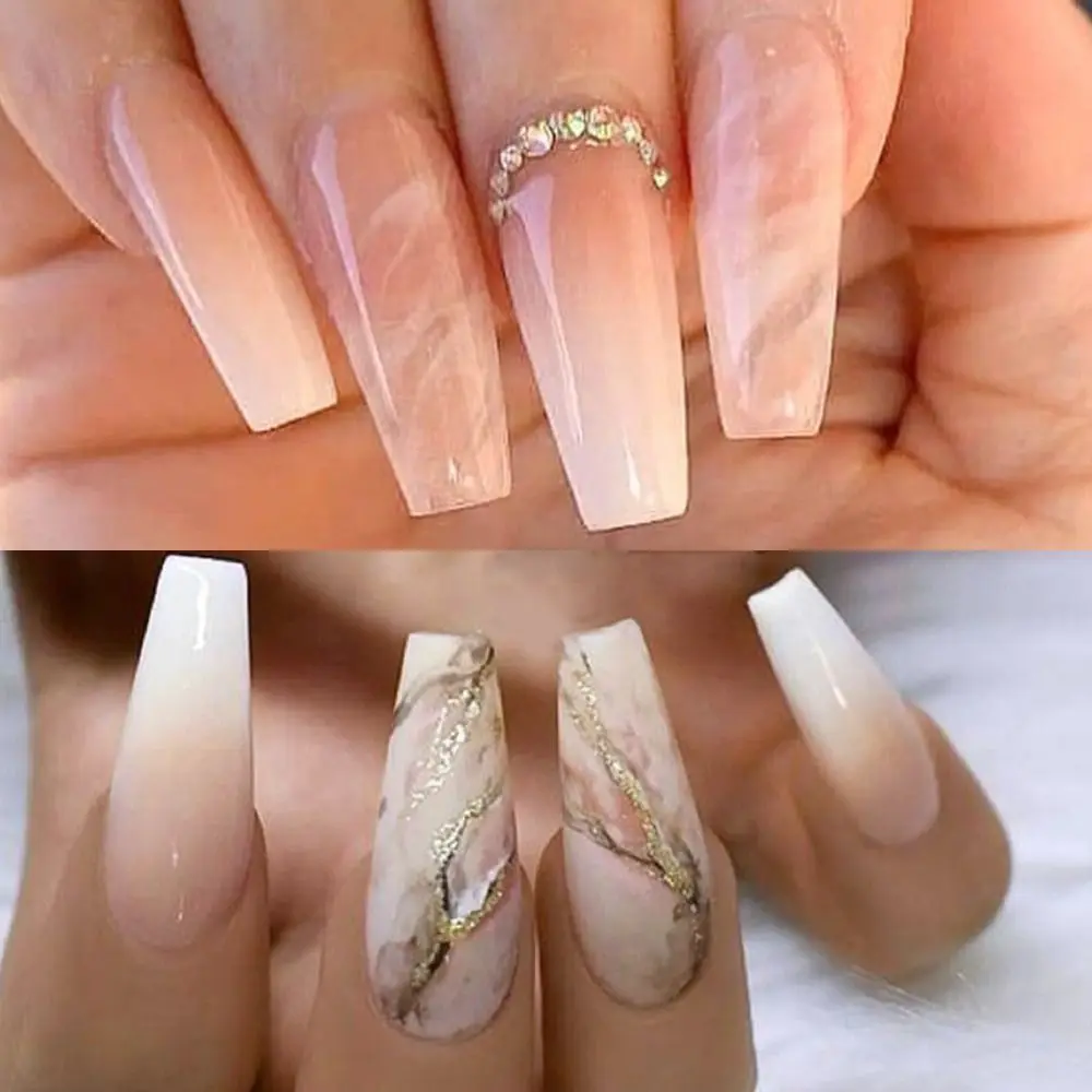 Modische lange Ballerina-Kunstnägel, französischer Marmor, Glitzer-Nagelspitzen, abnehmbar, vollständige Abdeckung, zum Aufdrücken der Nägel, zum Selbermachen